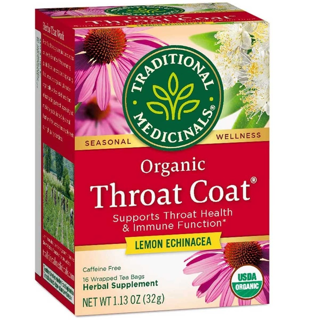 Medicaţii tradiţionale Organic Throat Coat Lemon Echinacea Ceai de plante, susţine sănătatea gâtului (16 Conte (Pachet de 2))