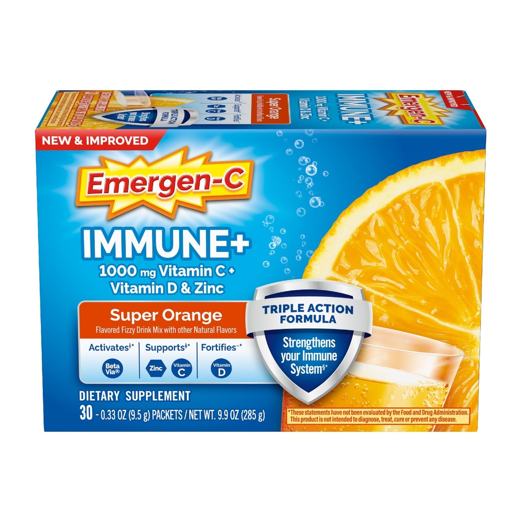 Emergen-C Imune+ Triple Acţiune Suport Imun, BetaVia (R), 1000mg Vitamina C, B Vitamine, Vitamina D şi antioxidanţi, Super Orange, Înapoi la şcoală Essentials 30 Count