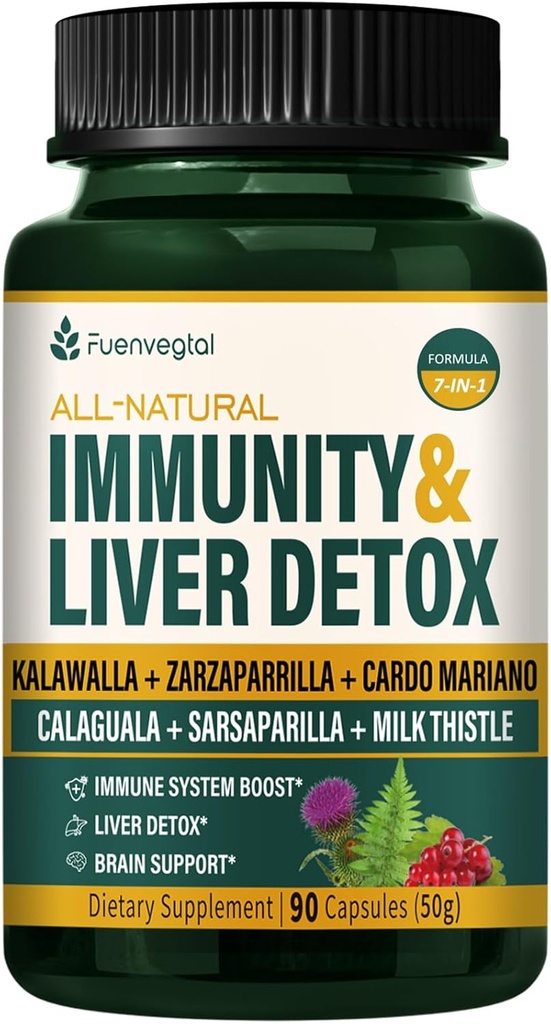 Jamaican Sarsaparilla Root Imunity & Ficat Detoxifiere capsule, Skin Health & Immune Supplement with Kalawalla Milk Thistle. Zarzaparrilla y Cardo Mariano para el Higado Graso. 90 Caps