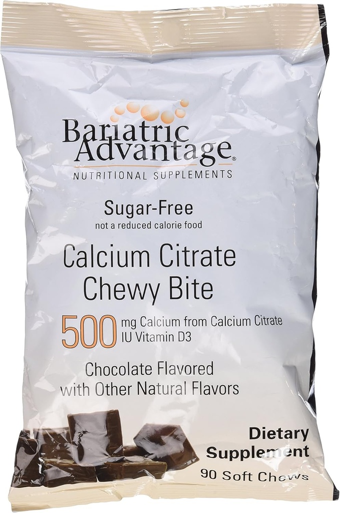 Bariatrie Avantaj Calciu Citrate Chewy Bites 500 mg cu vitamina D3 pentru pacienții cu chirurgie bariatrică incluzând Bypass gastric și Gastrectomie mânecă, Sugar Free - Aroma de ciocolată, 90 Conte