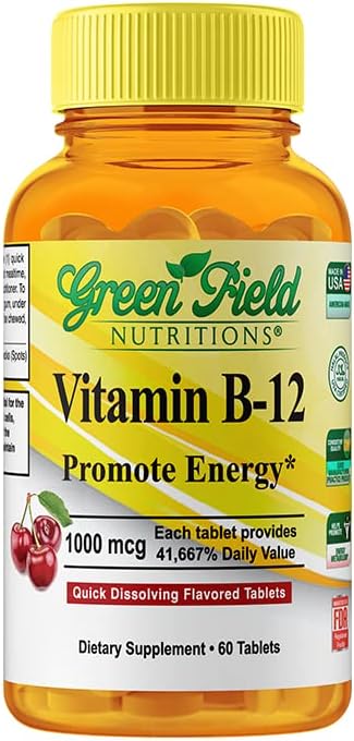 Greenfield Nutriții Vitamina Halal B12 1000mcg - Cherry Aroma Absorbție rapidă 60 Tablete sublinguale B12 - Vitamine naturale B12 Halal, Suporturi Creier, Sănătatea celulelor sanguine și metabolismul energetic