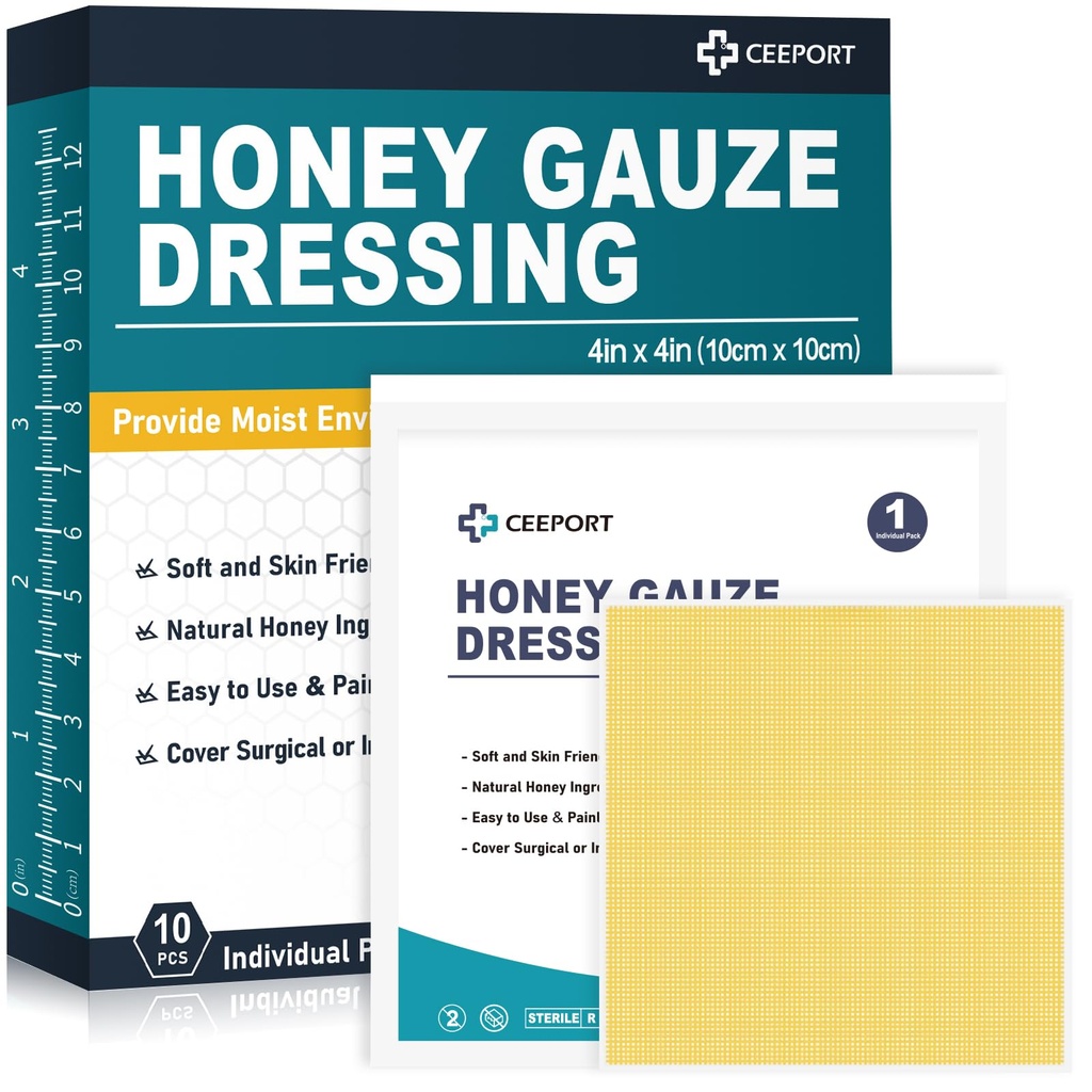 Honey Gauze Wound Dressing, 4" x 4" Manuka Honey Wound Care, Medical grade Honey Bandages for Wound Care, Honey Patch for Faster Healing from Burns, Abrasions, Cuts and Scalds (Pachet de 10)