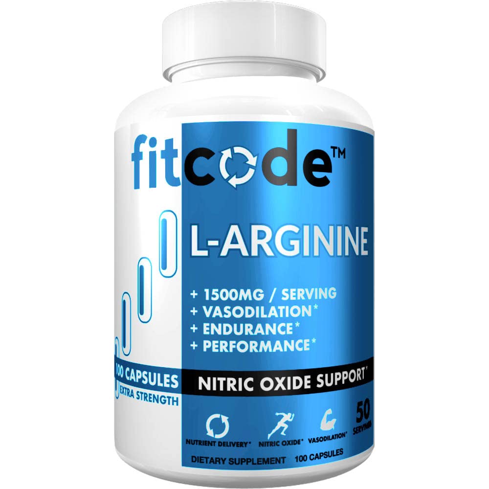fitcode Pure Extra Putere L-Arginină HCl 1500mg, Nitric Oxid Supliment pentru Vascularitate, Pompe, Rezistență, Performanță, Creșterea musculară, Energie, Puternic N.O. Pump capsule musculare (50 Servings)
