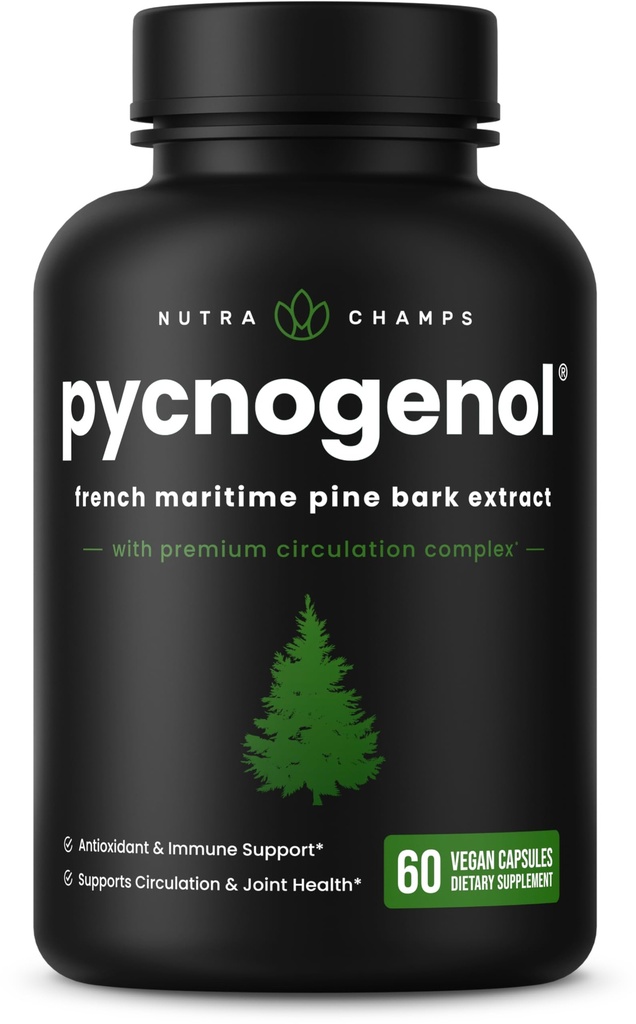 NutraChamps Pycnogenol Extract de scoarță de pin maritim francez, Complex de circulatie premium, fluxul sanguin, producția de oxid de azot, Absorbție superioară, rezultate cu extract de piper negru, 60 capsule