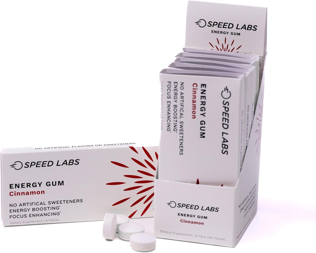 Speed Labs Cinnamon Natural Caffeine Energy Gum 25mg Cafeina, Taurina, B Vitamine Per Piece, 48 Piese (6 Pachete de 8) Zahăr liber, Zero Calorii, îndulcit natural, Gluten gratuit