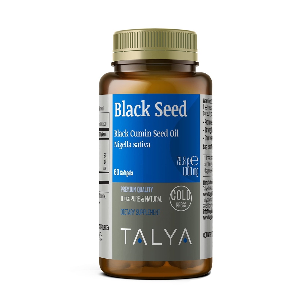 TALYA Black Seed Oil Softgel with High Thymochinone - Immune Support - Digestive Health - Brain Function - Joint Mobility - Cold-Pressed from Non-GMO Turkish Black Cumin Nigella Sativa Seeds
