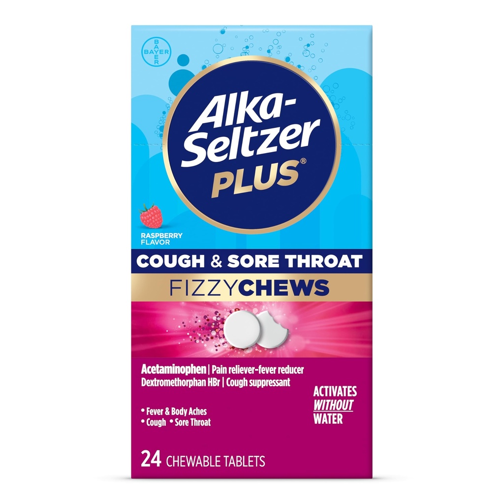 Alka-seltzer Plus Tuse & Sore Ghroat Fizzy Chews, Nu este nevoie de apă, On the Go Sore Ghroat Relief pentru adulți, Aroma de zmeură, 24 Conte