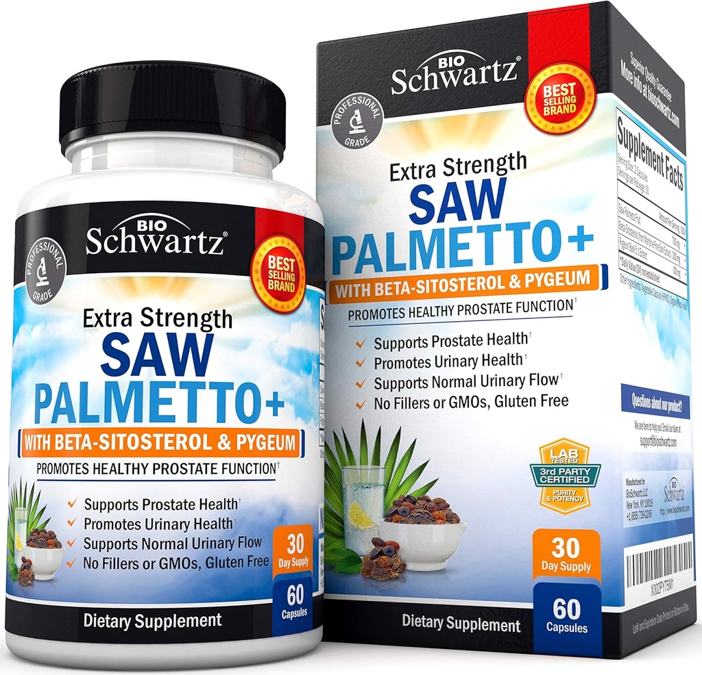 Saw Palmetto pentru bărbaţi cu extract de scoarţă de Pygeum şi Beta-Sitosterol - Susţine funcţia prostată de sănătate şi prostată sănătoasă - Promovează sănătatea urinară şi fluxul urinar normal - non-GOM gluten gratuit 60 Ct