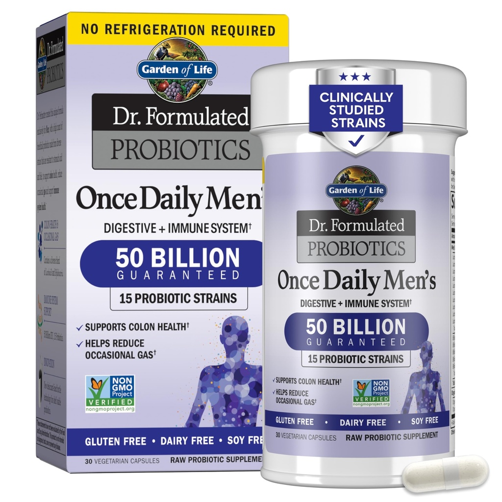 Grădină de viaţă Probiotice pentru bărbaţi, Dr Formulated 50 Miliarde CFU 15 Probiotice pentru Digestive Health + Organic Prebiotic Fiber, Colon & Imune Support, Daily Gas Relief, Perioada de valabilitate stabil, 30 Capsule