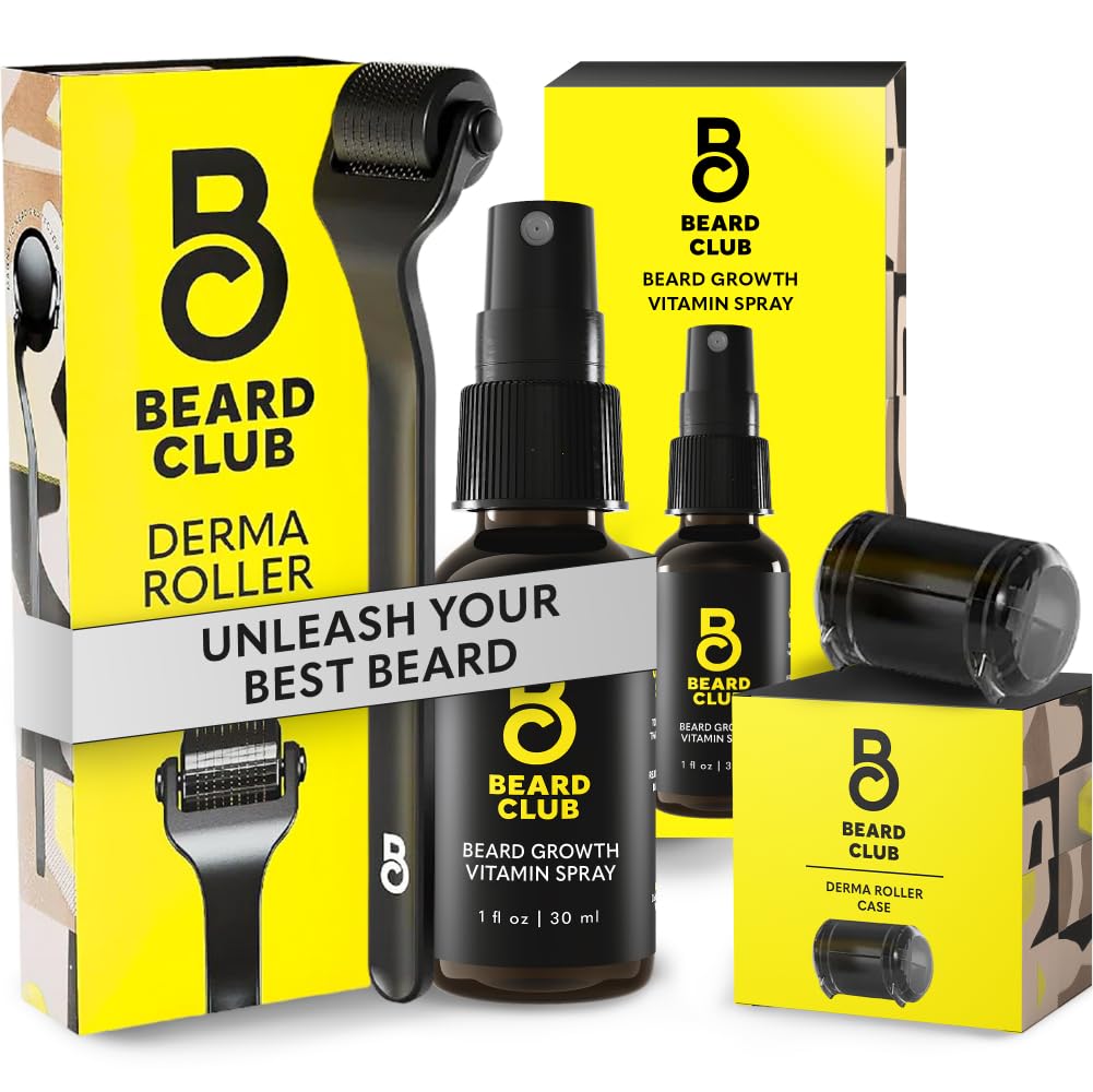 Barbă Club Premium Derma Roller & Biotin Barbă de creștere Vitamina Spray - Microneedle Roller pentru bărbați și femei cu 540 Titanium Microneedles - Barbă Roller & Barbă ulei pentru față, corp și Scalp