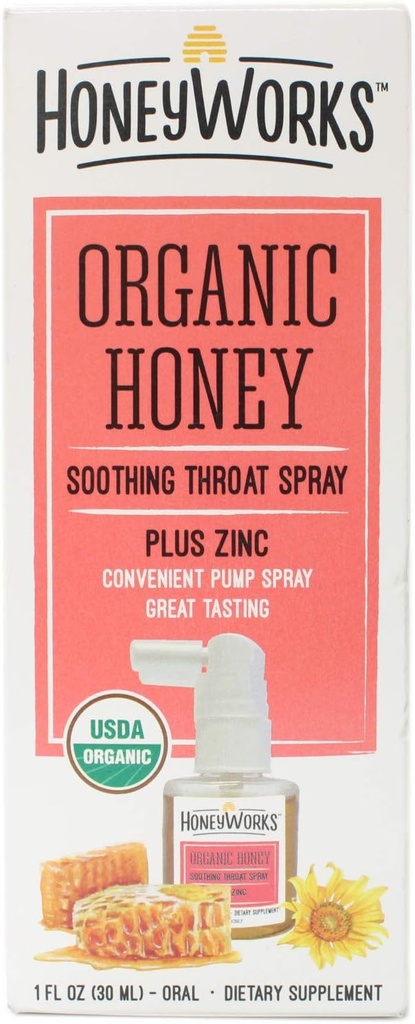 HoneyWorks Adult Stropire gât pentru durere de gât Relief, 1 Oz, Soothing non-GMO USDA Organic Dark Honey + Zinc, Rapid-Actioning Relief, Vârsta 12 ani