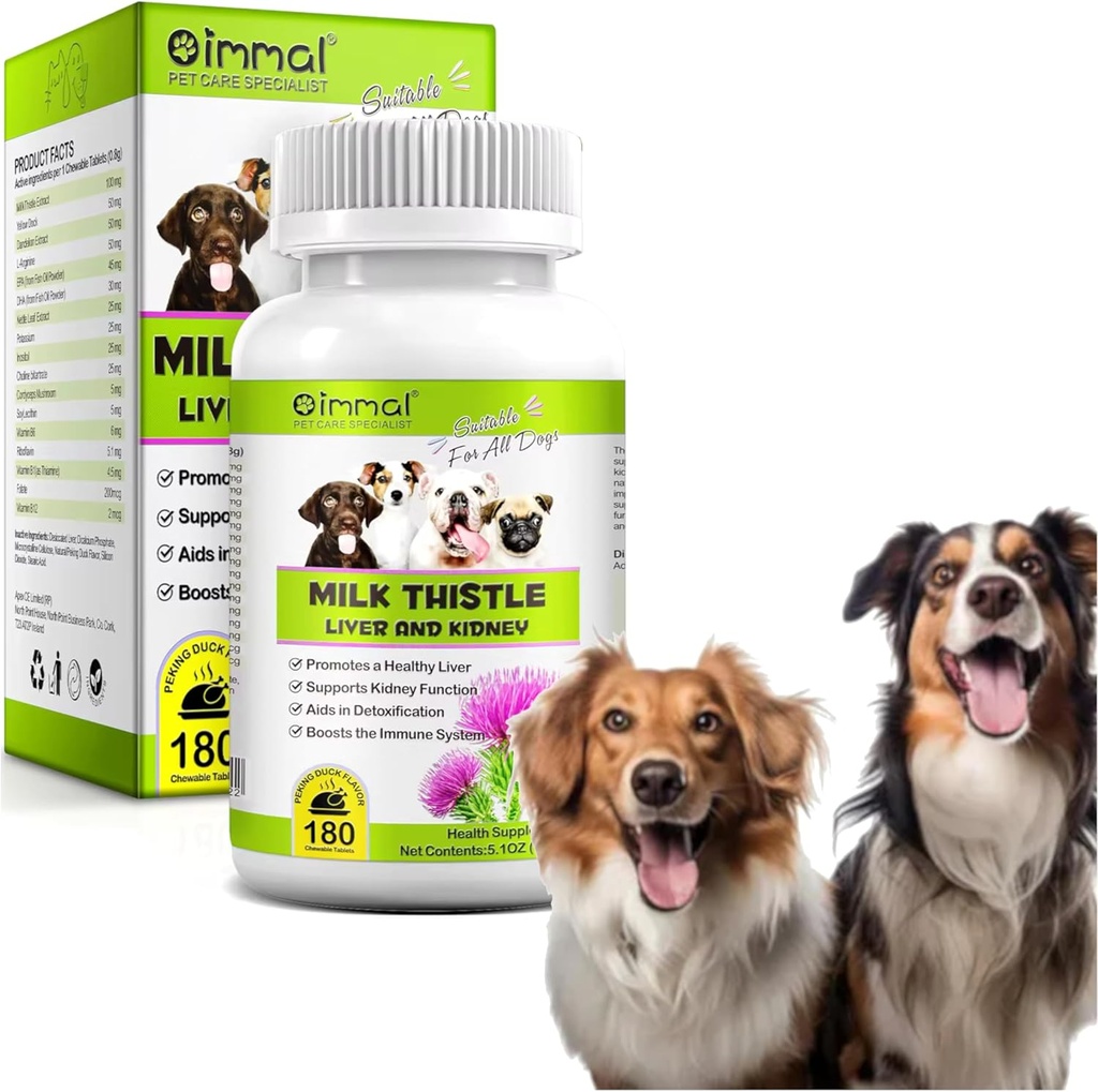 Milk Thistle pentru câini - 180 comprimate masticabile - canin ficat și rinichi supliment de sprijin pentru câini - Detox - supliment de ficat