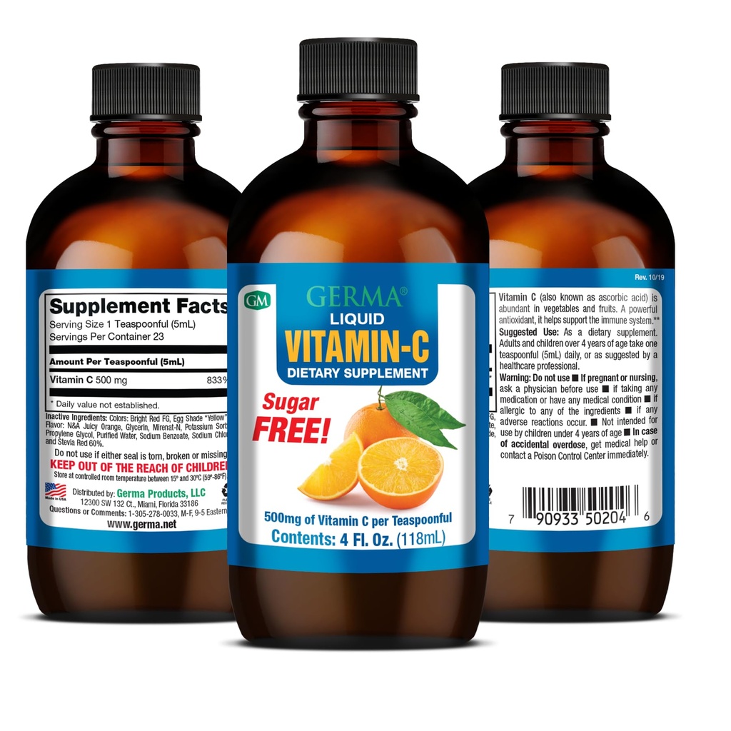 Germa lichid fără zahăr vitamina C. 500 mg. Absorbţie rapidă Supliment alimentar. Sistem imunitar Booster. 4 oz / 118ml