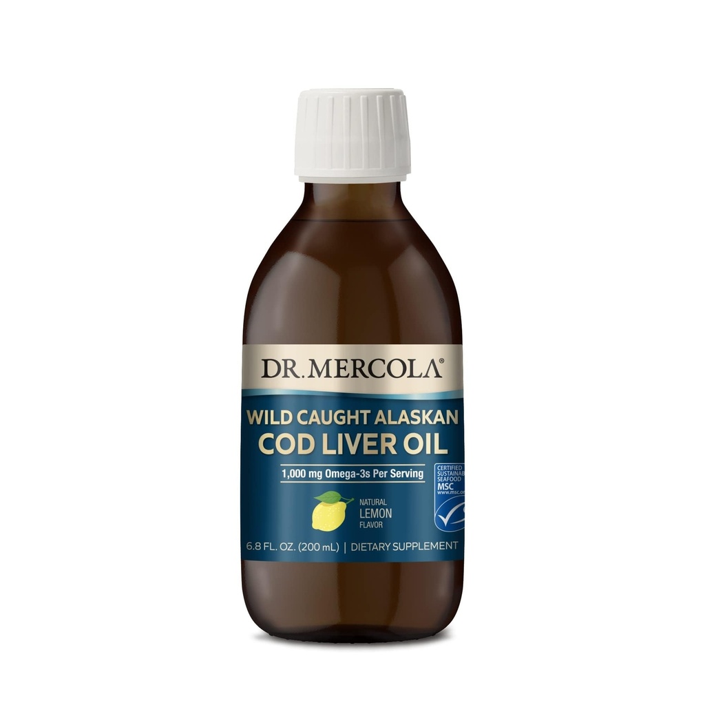 Dr. Mercola Wild Caught Alaskan Cod Ulei de ficat, 6.8 Fl. Oz. (200 ml), 40 Servings, 1000 mg Omega-3s Per Serving, Supliment alimentar, Suporturi Brain și Funcția cognitivă, Non-GMO, MSC Certified