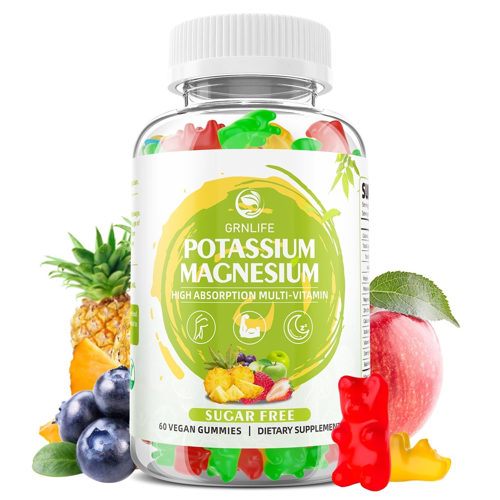 Gume supliment de magneziu de potasiu, Gume de potasiu pentru adulți Copii, Glicinat de magneziu de mare absorbție pentru Crampi Leg & Immune Health, Sugar-Free, Aroma mixta Vegan, 60 Conte