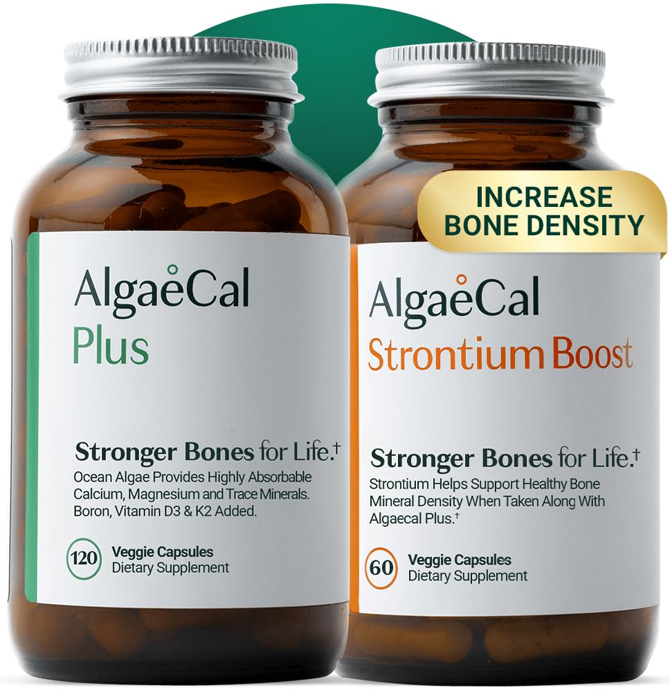Algaecal Bone Builder Pack - Suplimentul de calciu pe bază de plante & Stronţiu - Calciu organic 750 mg cu vitamina D3 1600 UI, Vitamina K2, Magneziu, 16 Nutrienți pentru sănătatea osoasă și densitate (1- Aprovizionare lunară)