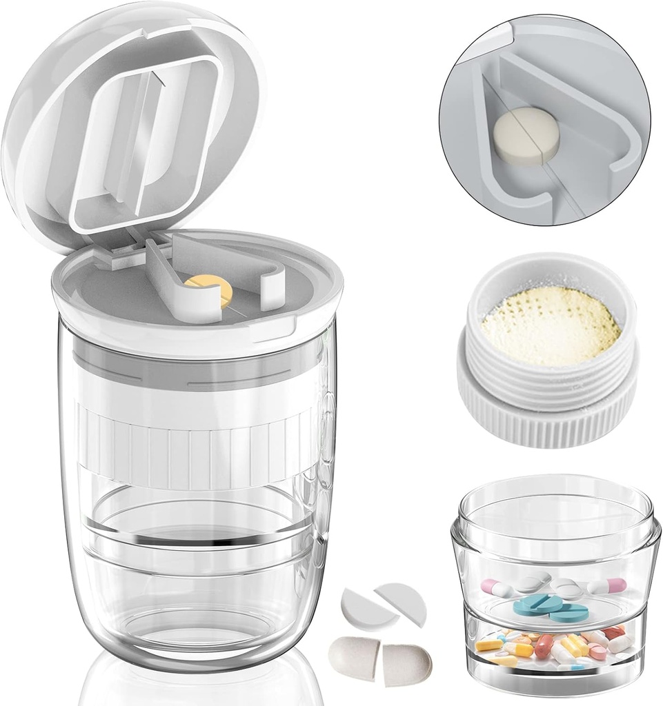 White-1 Pill Splitter și Cutter, Crushes tablete, vitamine, lama de oțel inoxidabil, Cupa de băut detașabil