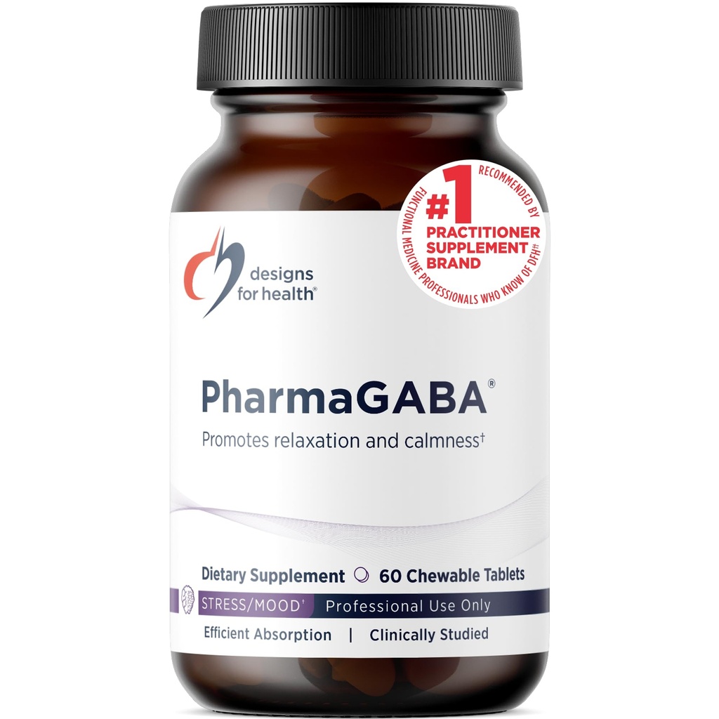 Design-uri pentru sănătate PharmaGABA Supliment masticabil - 200 mg Biodisponibile GABA Supliment pentru Stres, Mood, Imun Health & Sleep Support - Vegan, Gluten gratuit & non-GMO (60 comprimate)