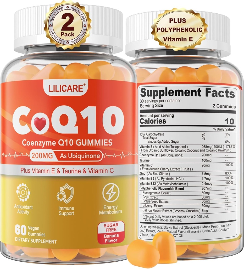 CoQ10 200mg Gummies - Coenzime Q10 w/Taurină, Vitamina E, C, B6, B12, Zinc - CoQ10 de înaltă absorbţie Supliment pentru antioxidant, Energie celulară & Hear-t Health, Vegan 120 C