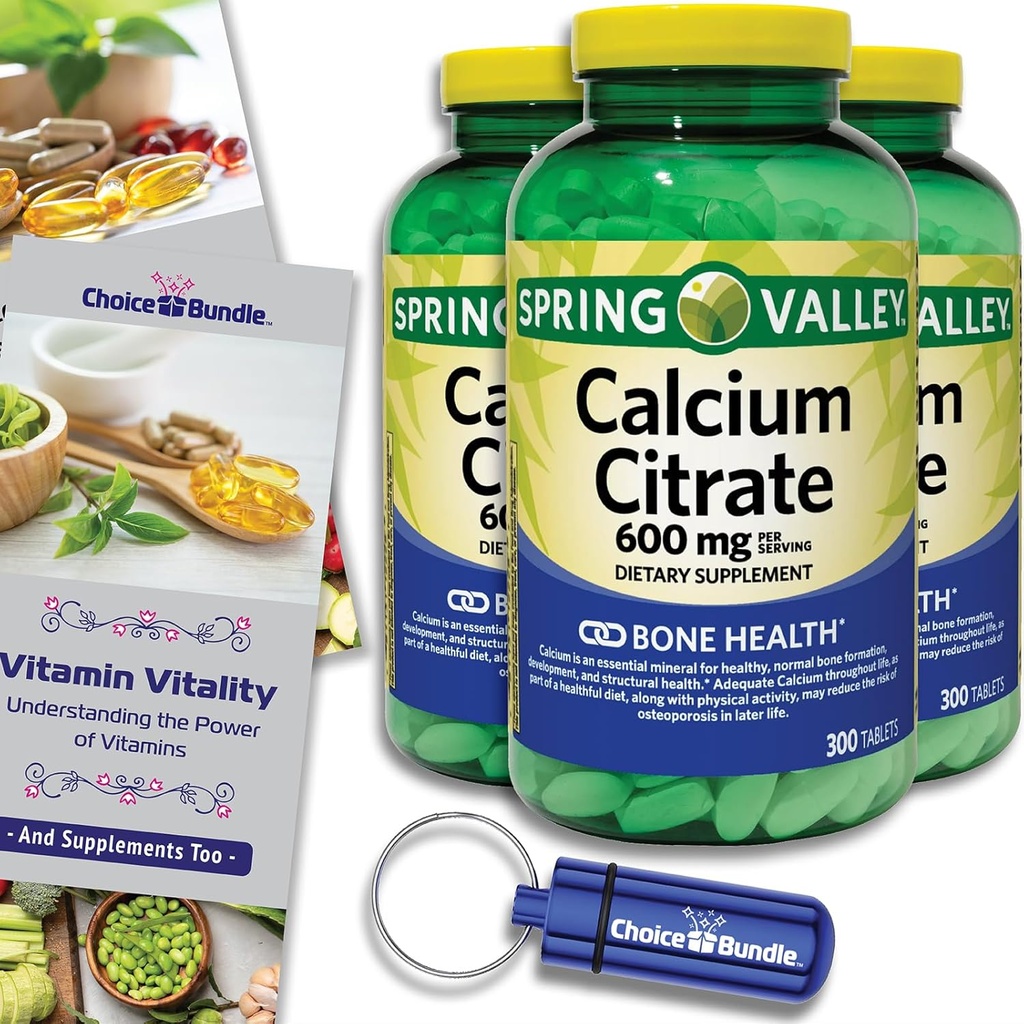 Spring Valley Calciu Citrate comprimate Supliment alimentar 600 mg 300 Ct 3 pk Alegerea Bundle (900 Total) + Vitamina Ghid & Pill Container (5 elemente)!