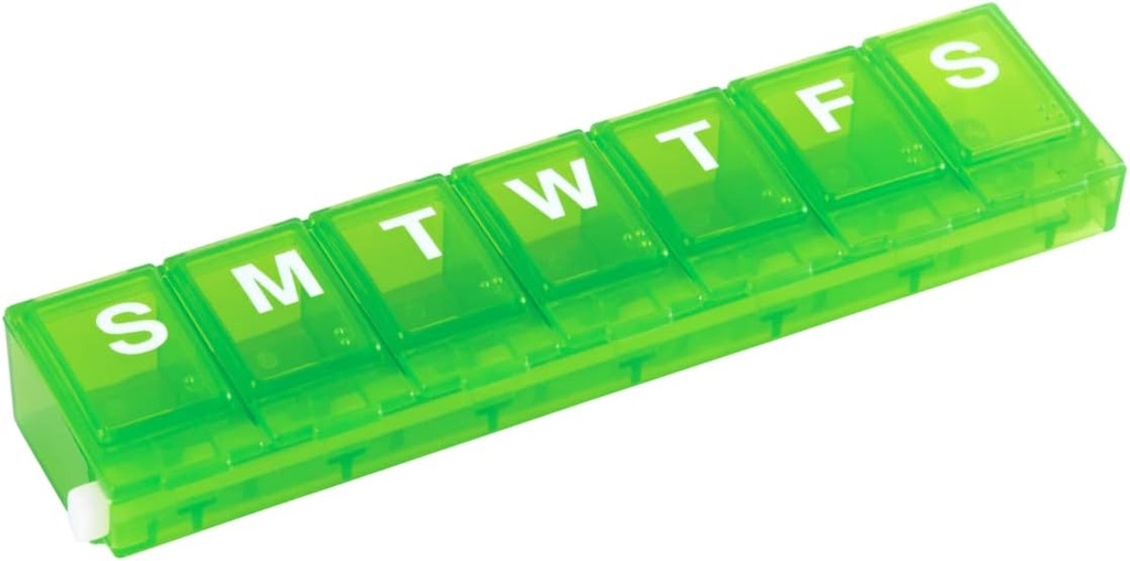 EZY DOSE Weekly (7-Day) Pill Planner, Medicine Case, Vitamin Organizer Box, Small Locking Compartments to Secure Prescription Medication and Prevent Accidental Spilling, Green