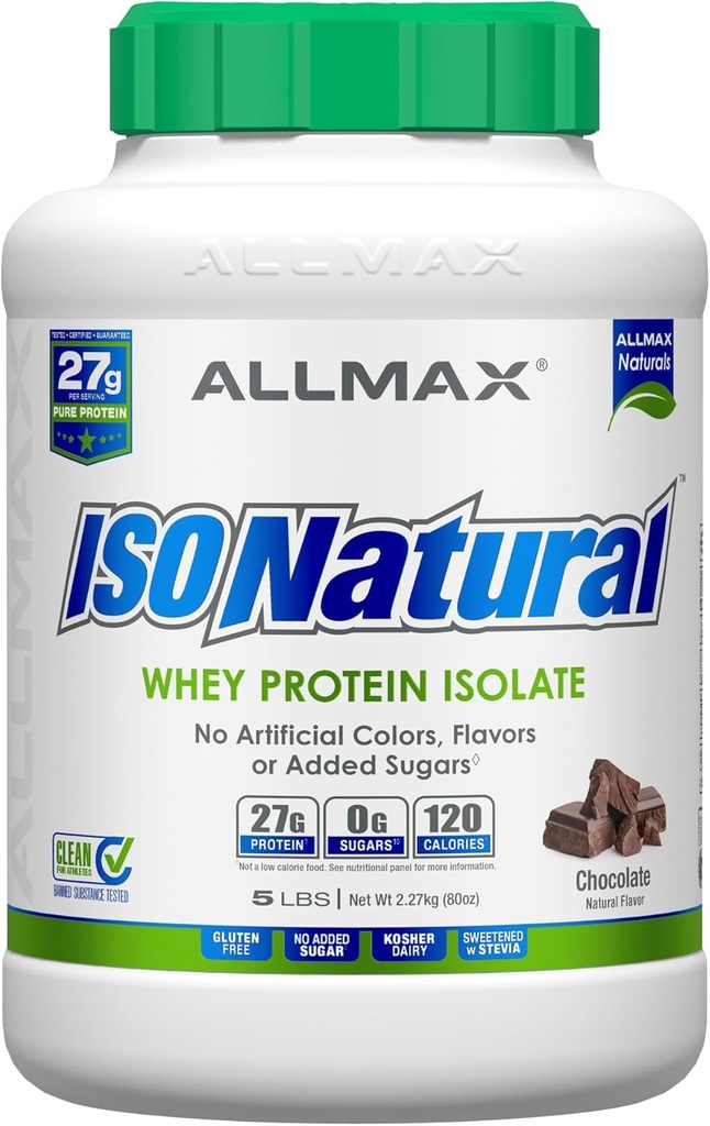 ALLMAX ISONATURAL Izolat de proteine, ciocolată - 5 lb - 27 grame de proteine per scoop - Zero grăsime & zahăr - 99% Lactoză gratuit - cu prebiotice - fără arome artificiale - Aprox. 73 Serviri
