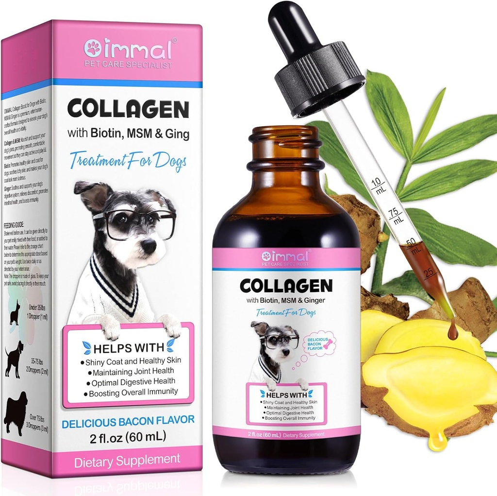 Colagen pentru câini, Colagen lichid pentru câini, Dog Liquid Colagen picături, Colagen cu Biotin, MSM & Ginger tratament pentru câini, Piele și Coat Supliment pentru câini, Colagen câine 60ml