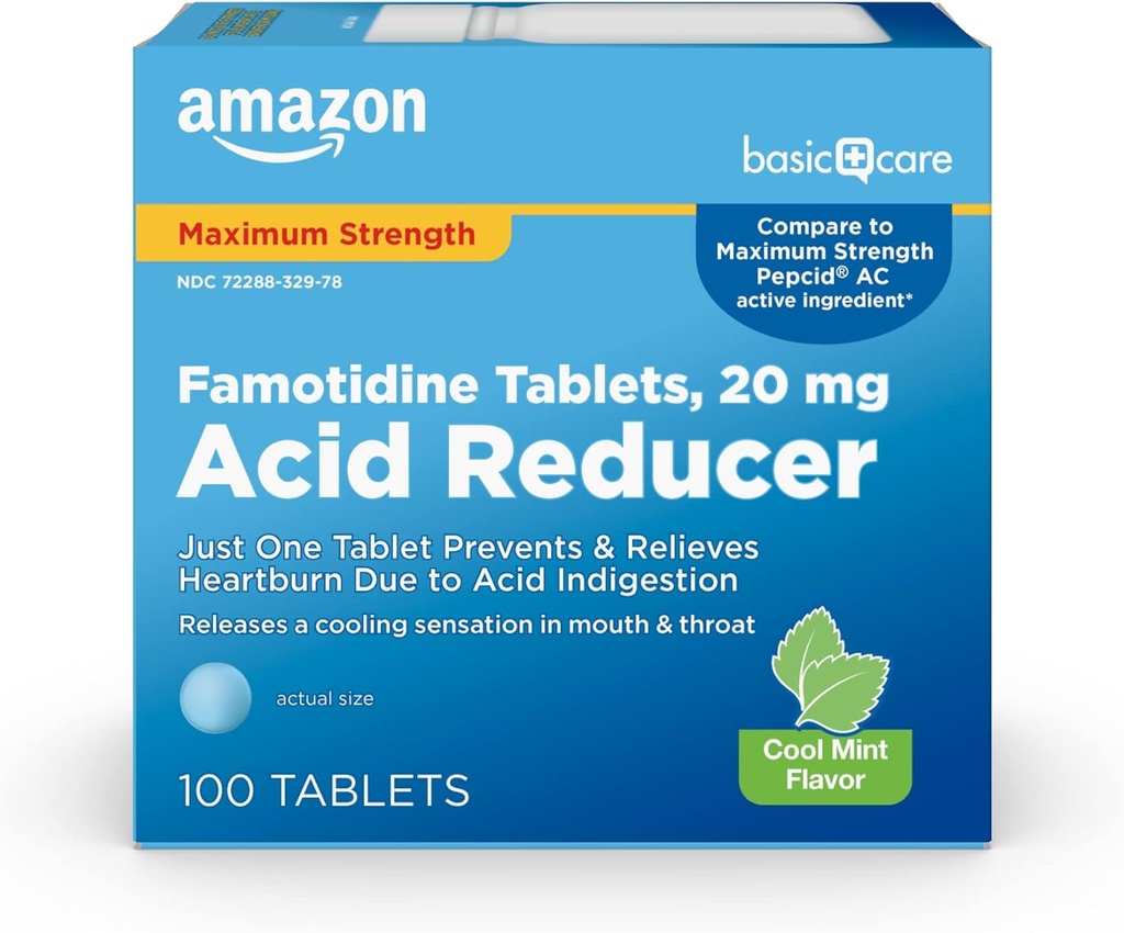 Amazon Basic Care Famotidină 20mg Cool Mint Tablets, 100 Count, White