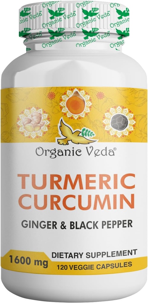 Capsule organice Veda Turmeric și ghimbir 120 pastile - Curcumină organică cu piper negru pentru sprijin comun - ne OMG, gluten gratuit, Turmeric și Ginger Supliment (95% curcuminoide)