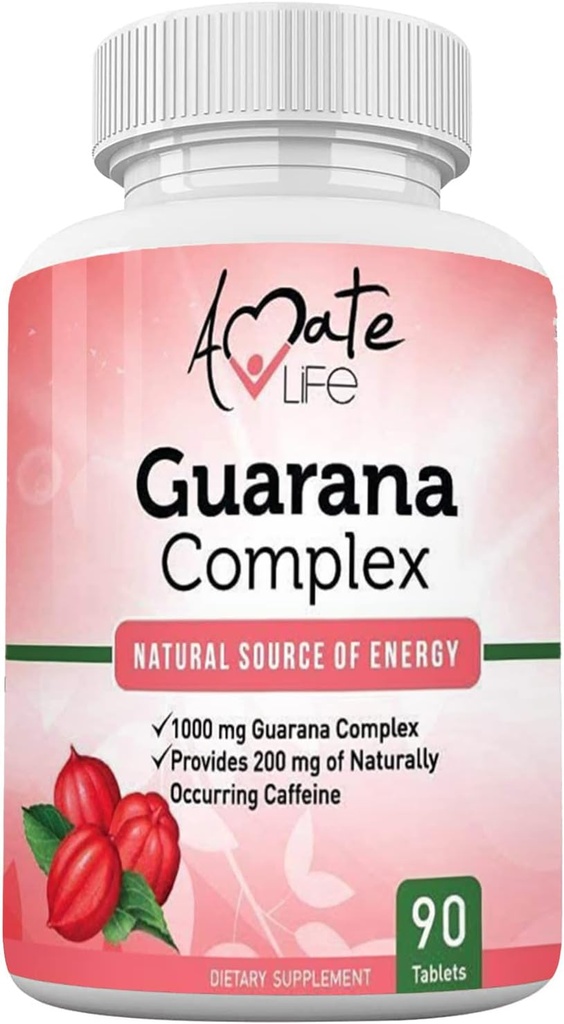 Amate Life Guarana Complex - Guarana Complex Energizer - Caffeine Energizant Supplement - Sursa de energie - Creșterea funcțiilor minții Supliment - 1000mg de Guarana - 90 comprimate