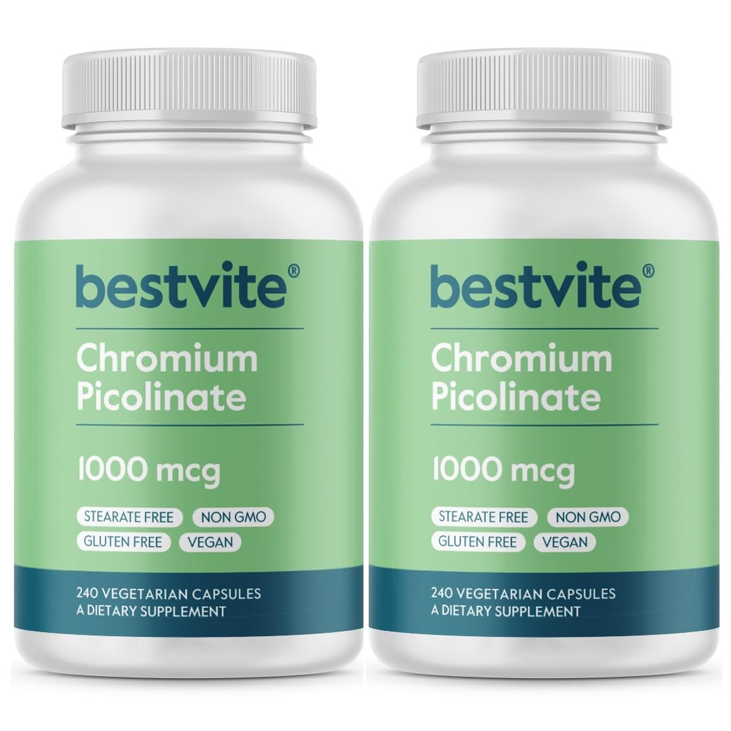 Picolinat de crom BESTVITE 1000mcg (480 Capsule vegetariene) (240 x 2) - Fără steari - Fără fosfat dicalcic - Vegan - Gluten Free - Non-GMO
