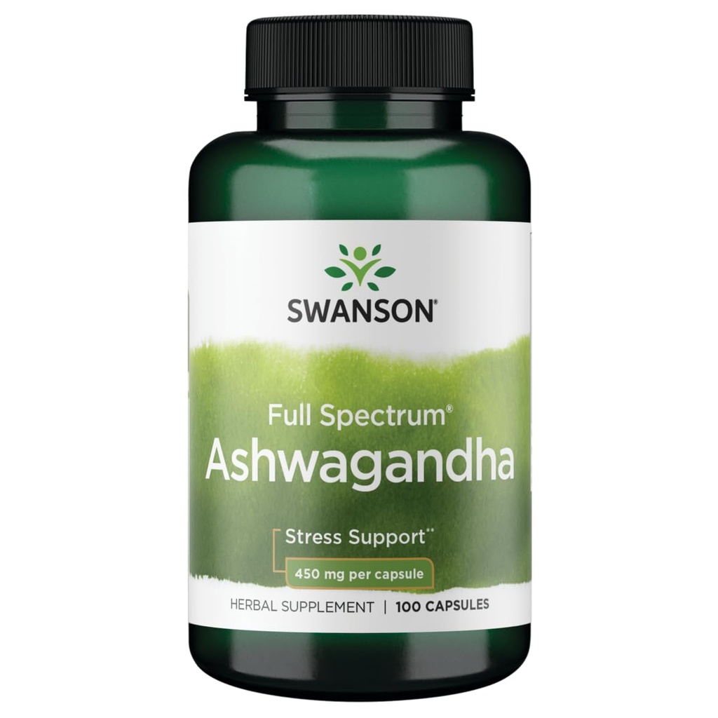 Swanson Ashwagandha Powder Supplement - Ashwagandha Root & Piese aeriene - Promovează Stres Relief & Energy - Ayurvedic Supplement for Natural Wellness (100 capsule, 450 mg fiecare)