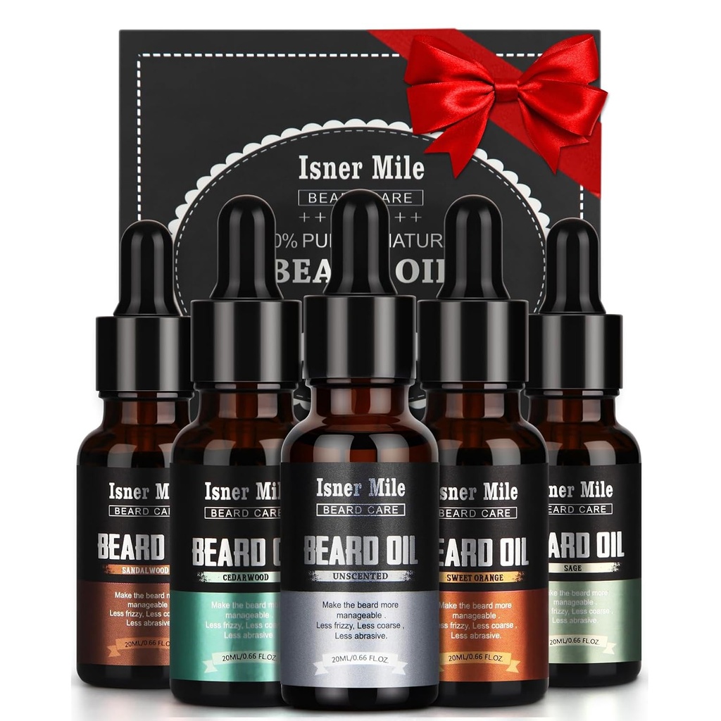 ISNER MILE Barbă de ulei Kit pentru bărbaţi condiţionat: Cedarwood santalwood Sage Orange Unscented, Mustaces Soften Moisturizing, Valentines Cadouri pentru el Soţ, taţi Cadouri de naştere pentru tata Bărbaţi Iubit