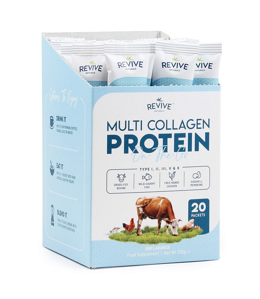 Multi Colagen Pachete cu pulbere de proteine - Tipurile I, II, III, V & X - Hidrolized Grass Fed Bovine, Pește sălbatic prins, & Free-Range Chicken & Eggshell Collagen. Non-OMG, Halal, (10g fiecare, 20 Pachete)