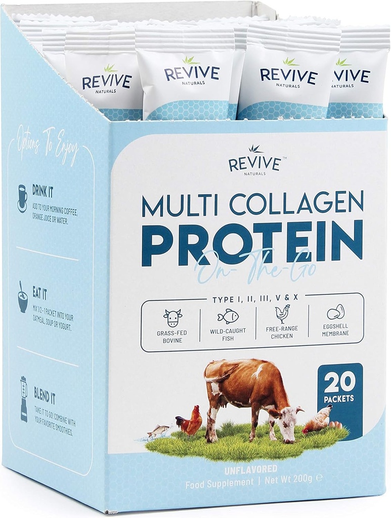 Multi Collagen Protein Powder Packets - Types I, II, III, V & X - Hydrolyzed Grass Fed Bovine, Wild Caught Fish, & Free-Range Chicken & Eggshell Collagen. Non-GMO, Halal, (10g Each, 20 Packets)