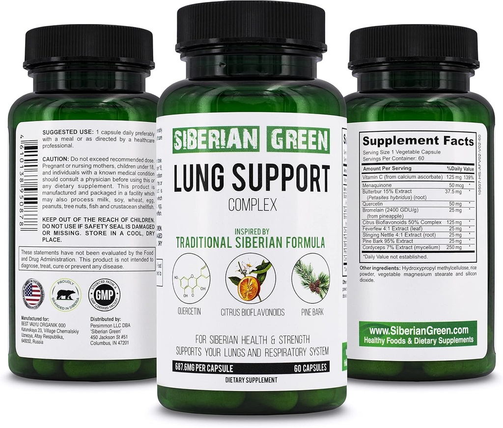 Siberian Green Lung Support Complex 60 Capsule - supliment de Formula tradițională bogat în Querbetin, Citrus Bioflavonoids, Pine Bark