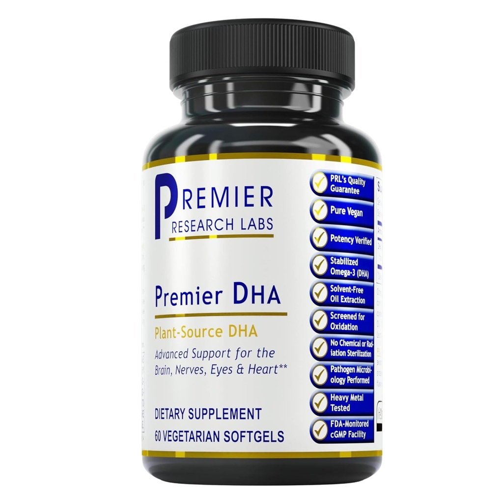 Premier Research Labs Premier DHA - Vegan DHA cu Omega 3 acizi grași, Algae Based DHA pentru femei și bărbați, Natural DHA Supliment Potrivit pentru Vegas- 60 Vegetarian Softgel Capsule