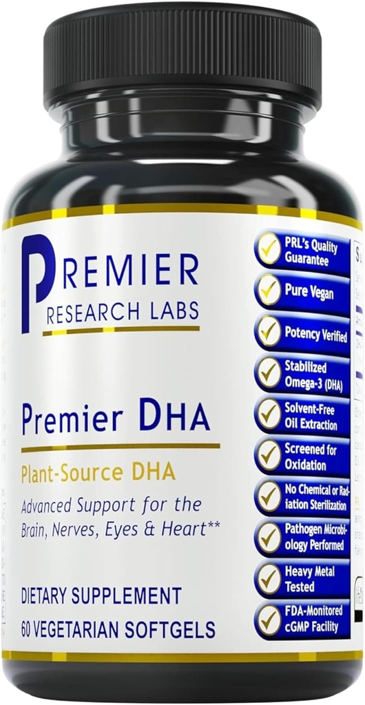 Premier Research Labs Premier DHA - Vegan DHA cu Omega 3 acizi grași, Algae Based DHA pentru femei și bărbați, Natural DHA Supliment Potrivit pentru Vegas- 60 Vegetarian Softgel Capsule