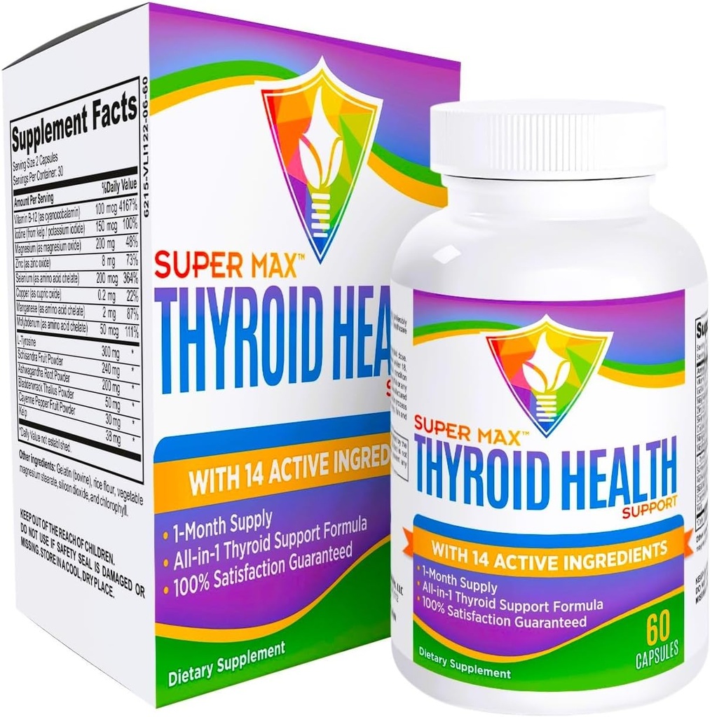 Supliment de suport tiroidian (All-in-1 Formula) cu 14 Ingrediente active - Suplimente tiroidiene - Complex de sănătate tiroidiană - Suport tiroidian pentru femei și bărbați - 60 Capsule