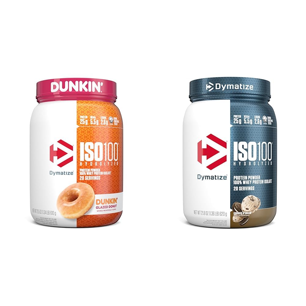 Dymatize ISO100 Hidrolized Proteine Powder, 100% Whey Izolat, Dunkin' Glazed Donut Flavor, 20 Servings & ISO100 Hidrolyzed Proteine Powder, 100% Whey Izolate Proteine, 25g Proteine, 5,5g BCAAs