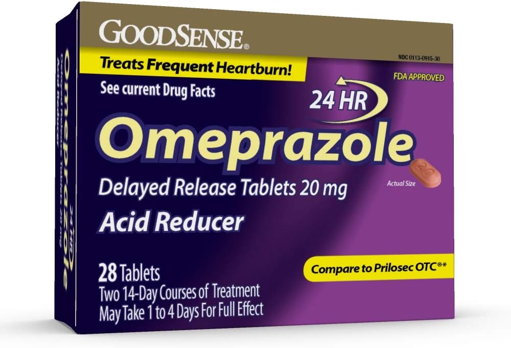 Omeprazolul GoodSense comprimate cu eliberare întârziată 20 mg, Reducator de acid gastric pentru tratamentul frecvent cu arsuri în capul pieptului, Număr 28