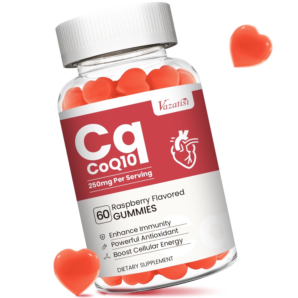 CoQ10 Gume de înaltă absorbţie 250 mg, Plus Omega-3, Vitamina B3 pentru energie celulară, creier şi antioxidant, 5X Coenzime de absorbţie mai bună Q10 Supliment, aromă de zmeură - 60 Cts