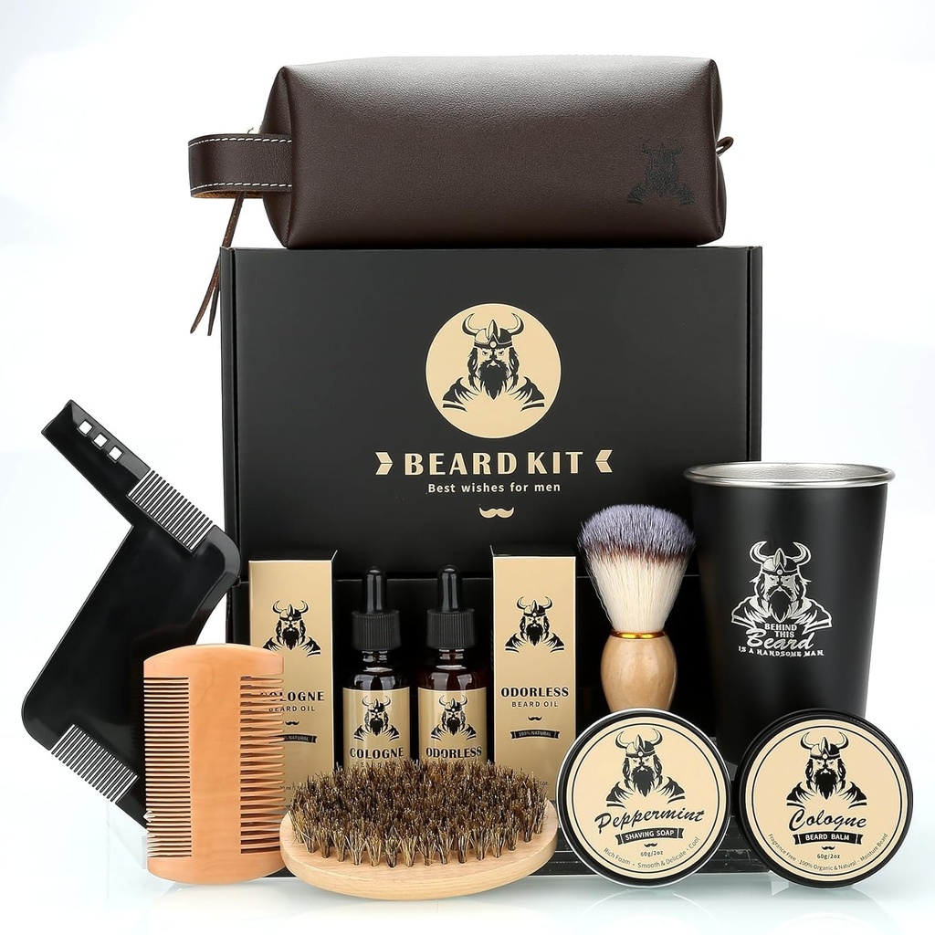 Barbă Kit Cadouri pentru bărbați, Ziua Tatălui Cadouri de naștere pentru bărbați Tatal lui, Set complet de înromări și instrumente de trimming, Kit de îngrijire barbă cu 2 ulei de creștere barbă/Balm/Brush/Comb/Shap/Cup&Storage Bag