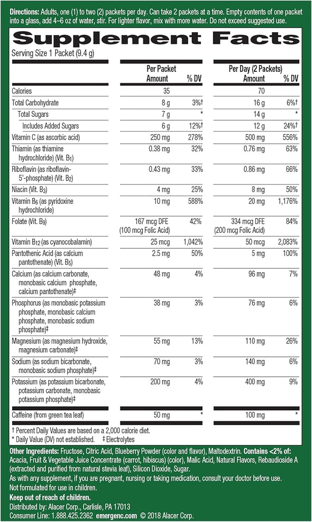 Emergen-C Energy+, cu vitamine B, vitamina C și cafeina naturală din ceai verde (aromat de blueberry Acai) Dietary Supplement Drink Mix, 0.33 Ounce pulbere Pachete (Pachet de 18)
