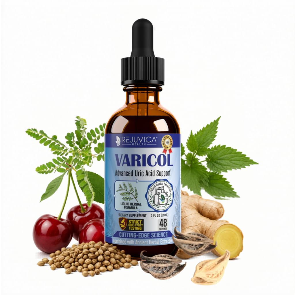 Varicol - Suport acid uric Picături lichide - Suport comun și rinichi confortabil cu cireșe tartă, Chanca Piedra, Seminte de telina + Complex extract de ghimbir - Vegan, Supliment fără zahăr - 2 fl oz