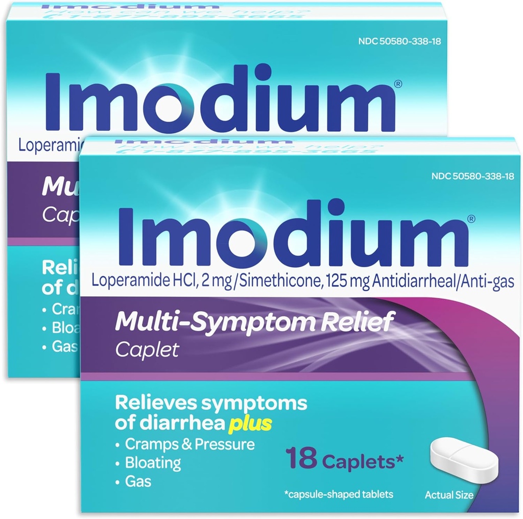 Imodium Multi-Simptom Relief Caplete cu Loperamidă clorhidrat și Simethicone, Anti-Diareal Medicina pentru Tratamentul Diareei, Gazului, Blooting, Crampe & Presiune, 2 Pack