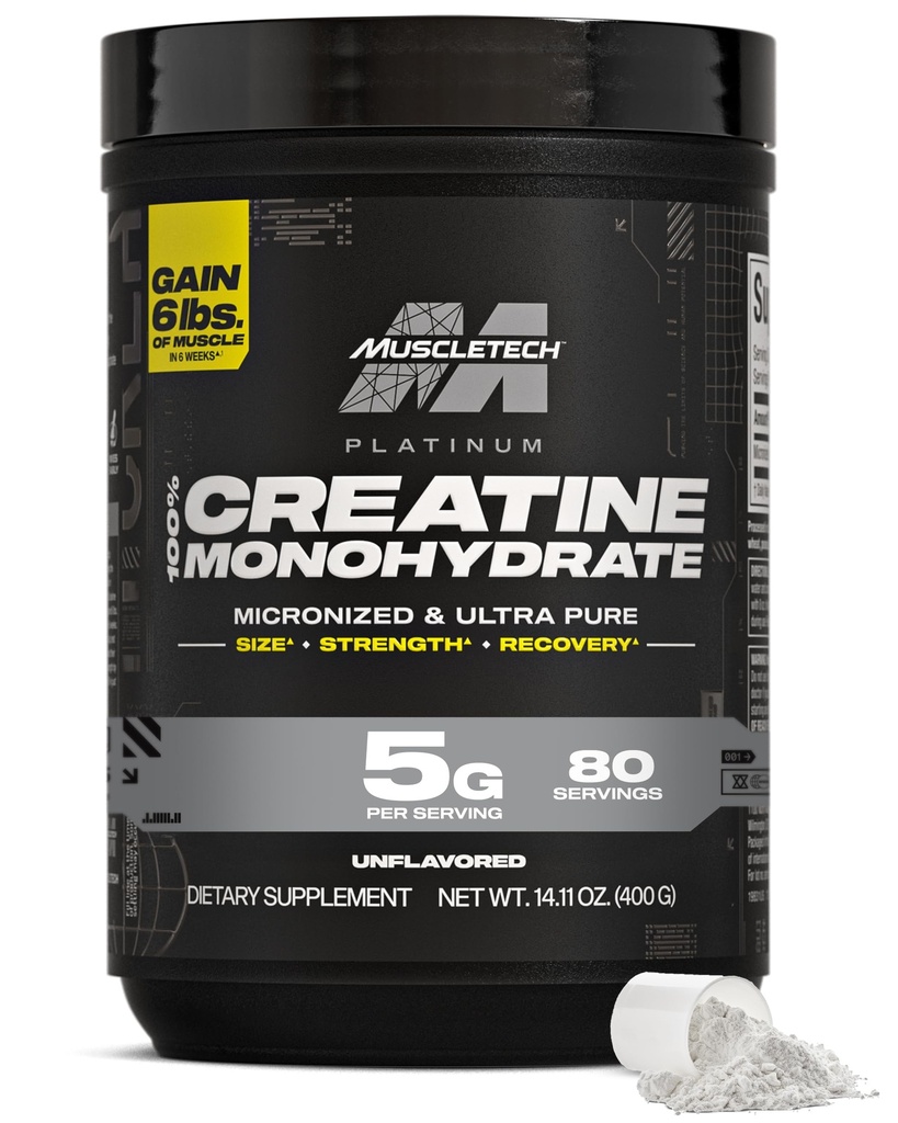 MuscleTech Creatin Monohidrat pulbere, Platinum Pure - Micronized Creatina pentru bărbați și femei - Suplimente de antrenament pentru performanță, Recuperare musculară & Constructor- (80 Servings) Ambalaj mai Vary