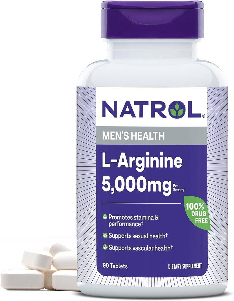 Natrol L-Arginină 5000 mg, Supliment alimentar pentru sănătatea bărbaților, L-Arginină Supliment, 90 comprimate, 18 zile de aprovizionare