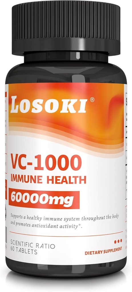 Losoki VC 1000 - Suplimente de vitamina C de înaltă doză pentru suport imunitar și protecție antioxidantă - Formula Buffered cu Rose HIPS pulbere - 60 comprimat