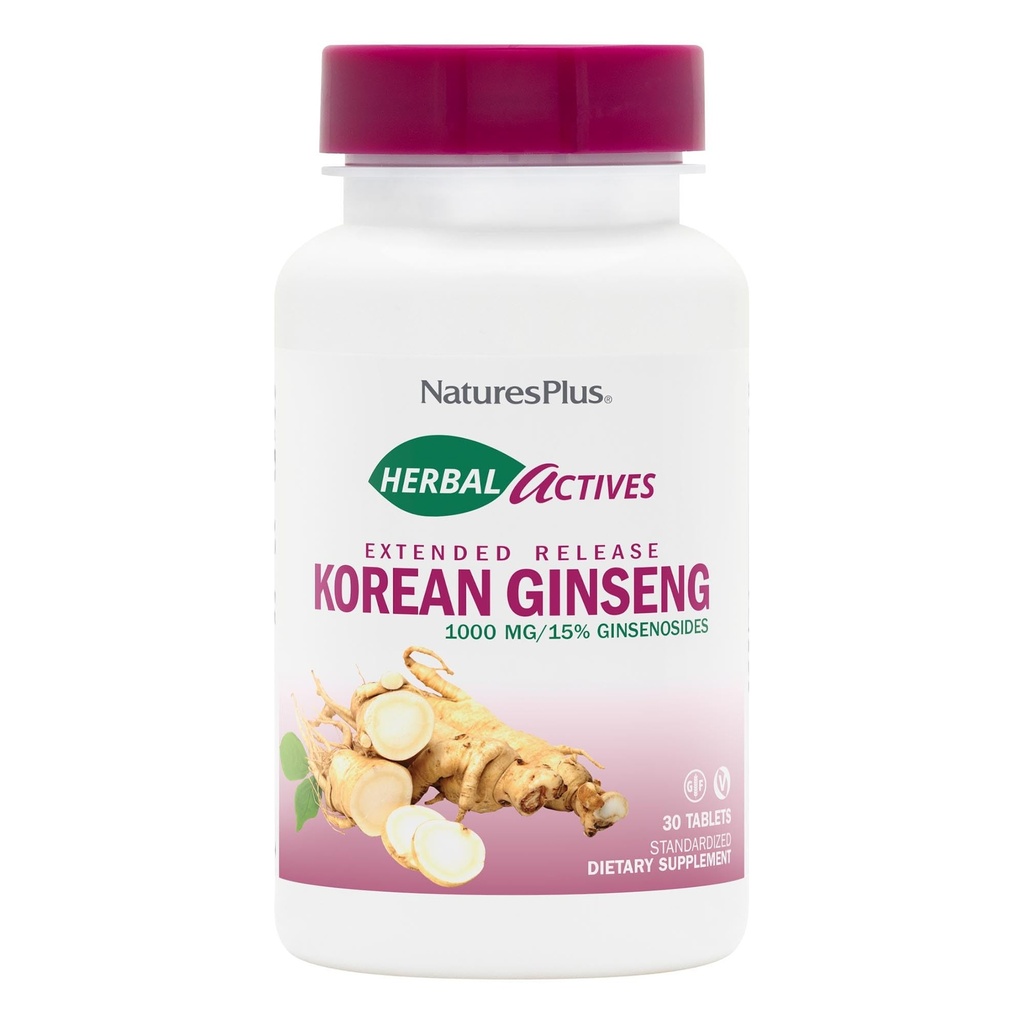 Naturas Plus Herbal Actives Korean Ginseng, Extended release - 1000 mg, 30 Vegan Tablets - Adaptopogene Herbal Supplement, Antioxidant - Vegetarian, Gluten-Free - 30 Servings